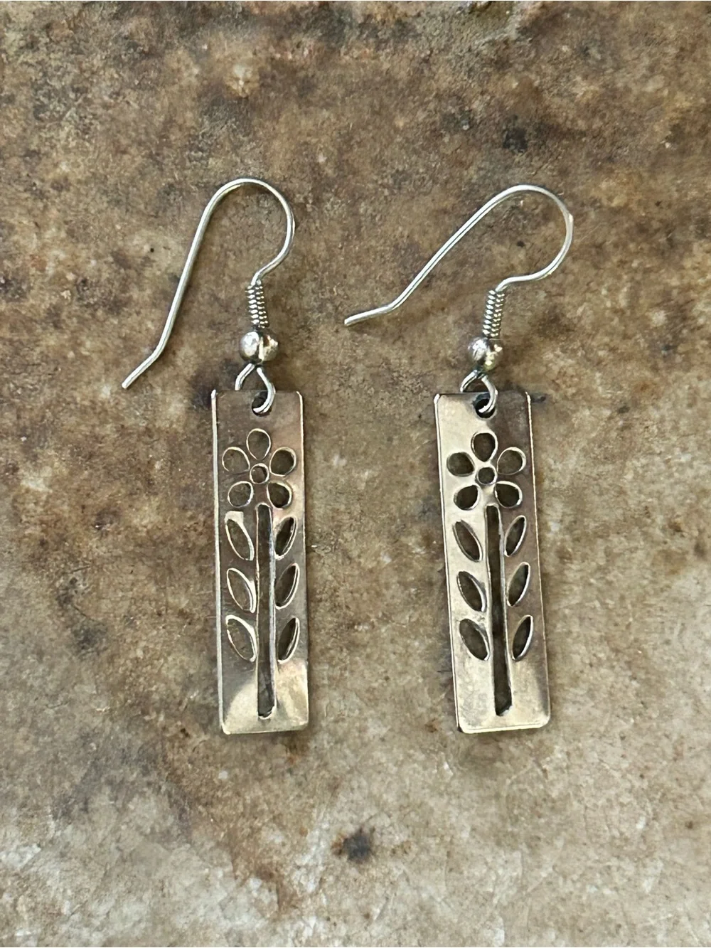 Silver Floral Cutout Rectangle Drop Earrings - Women Jewelry